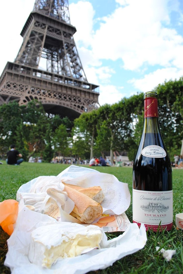 Picnic a los pies de la torre Eiffel en París, vino tinto, baguette y queso camembert.