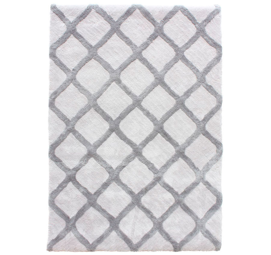 dormitorio mid century alfombra rombos blanco gris