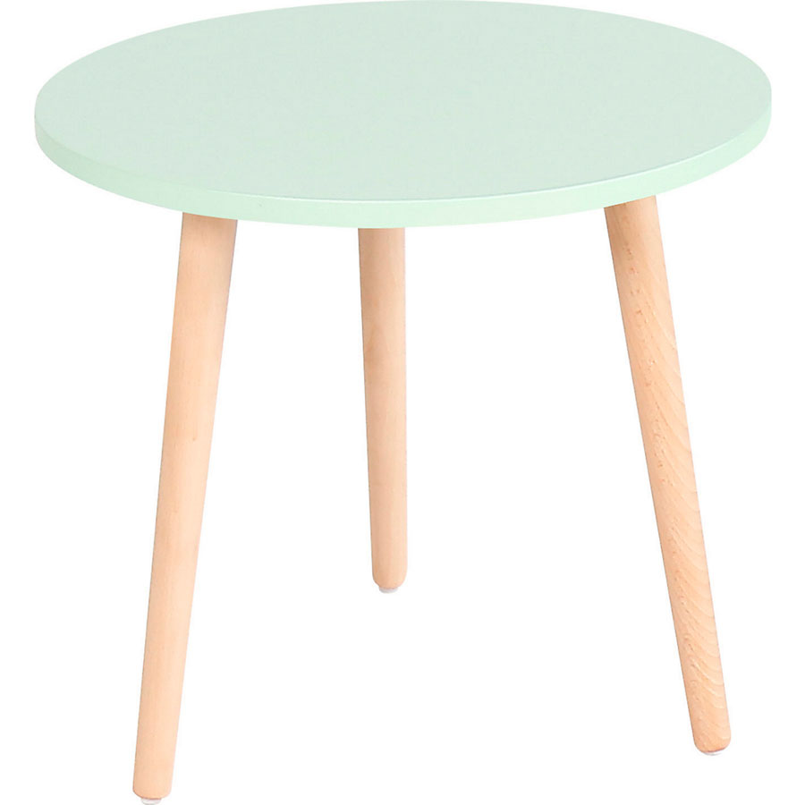 mesa auxiliar de madera, con patas color madera y superficie color verde agua