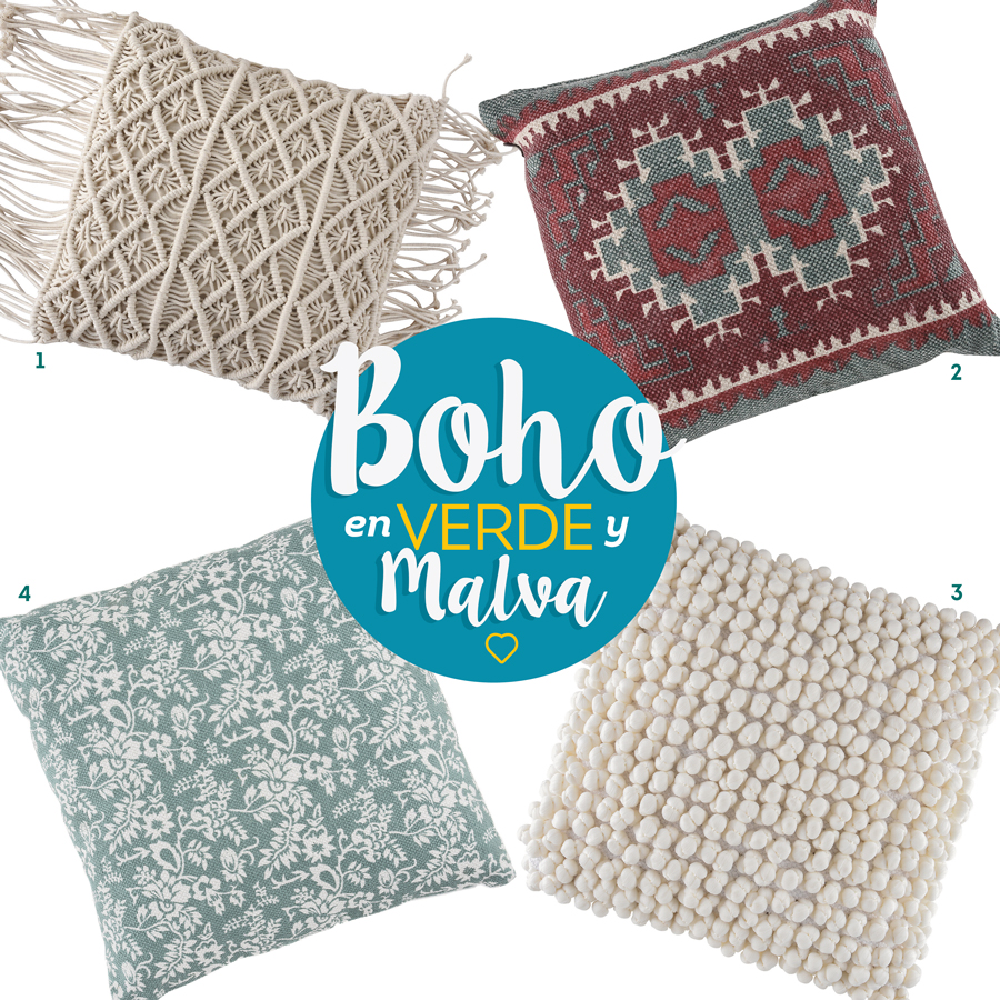 mix match cojines con texturas moodboard boho en verde y malva