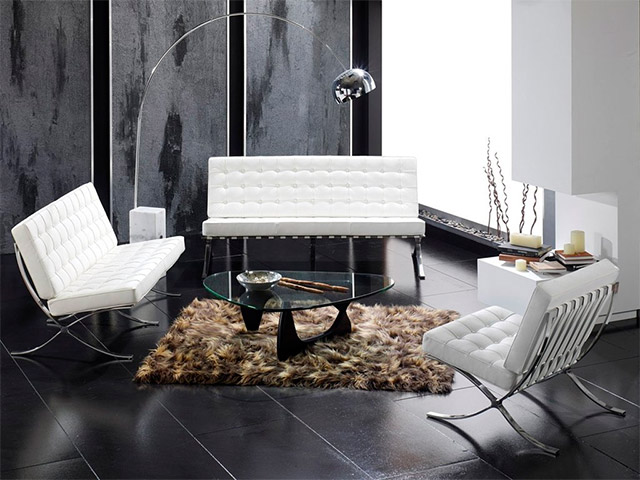 Living y estar con sillones y silla Barcelona en blanco.