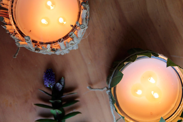 Proyecto Velas naturales con hojas y ramas terminado.