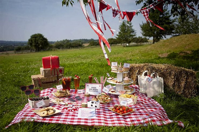 Poicnic sobre un cesped muy verde, manta a cuadritos roja y balnco, canasta de comida, bandejas con alimentos y adornos aéreos de guirnaldas de triángulos rojos y blancos con cintas en los mismos colores.