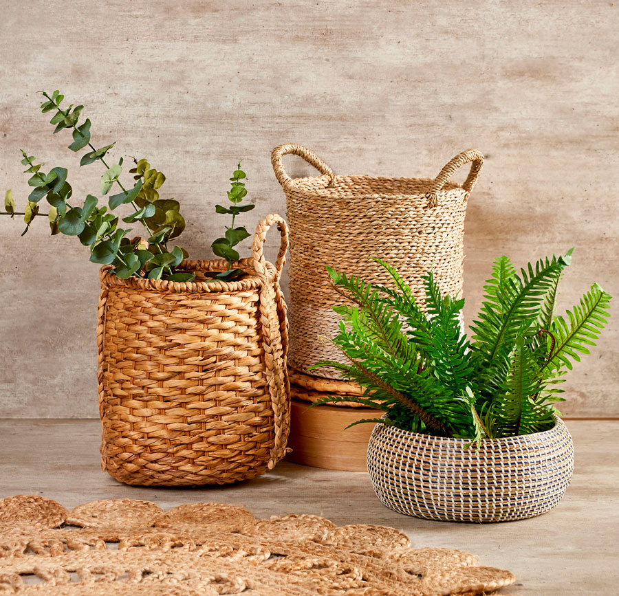 mimbre, ratán y fibras naturales junto a plantas para una decoración más acogedora y viva