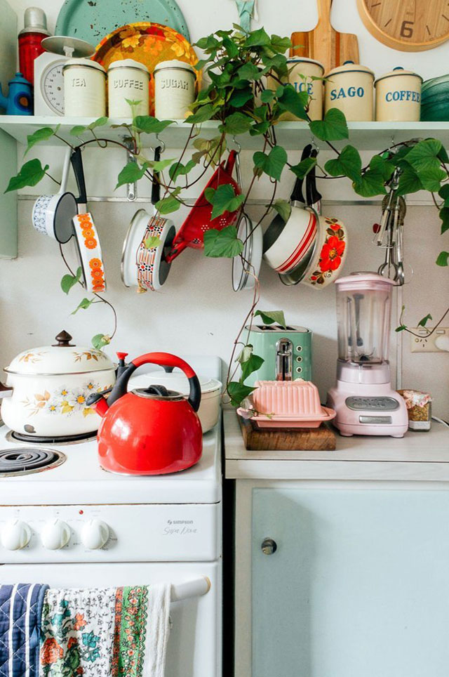 Detalle de ollas y tetera sobre los quemadores de la cocina, al costado sobre el mueble, una juguera y una tostadora. Sobre la cocina y el mueble una repisa de donde cuelgan varios sartenes, cacerolas y colador de latón; sobre la repisa, frascos especieros etiquetados y al centro una maceta con planta trepadora que recorre toda la repisa, dándole un toque natural a este espacio de la cocina.