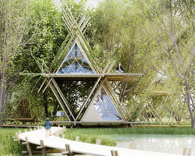 One With the Birds u Hotel modular de bambú, es un proyecto, realizado por el área de arquitectura del grupo Penda, y está inspirada en los tipis o tiendas cónicas de cuero de los nativos norteamericanos.