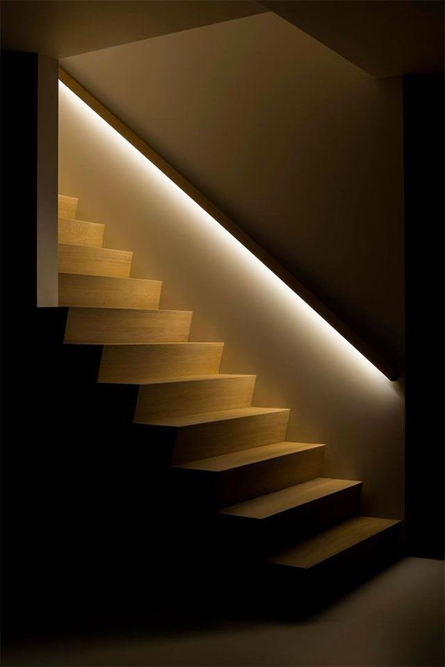 Pasamano de escalera de interior de una casa iluminada con LED blanco.