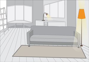 Iluminaci�n y l�mparas en la sala de estar